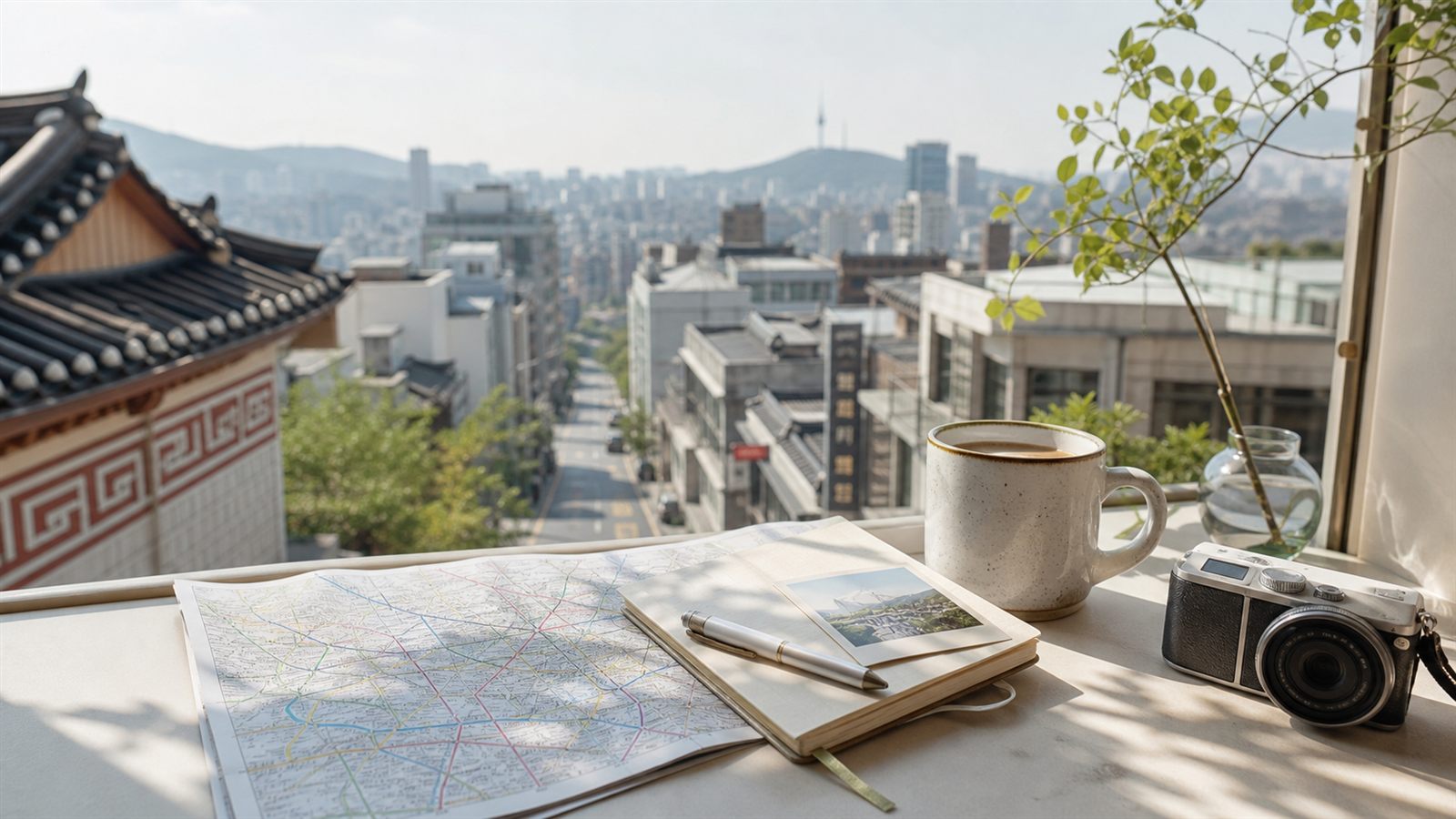 A soft editorial travel planning scene with a notebook, coffee, and city map
